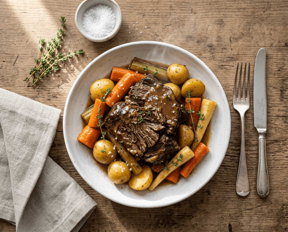 Pot Roast with Root Vegetables, Slow-Braised in Bone Broth