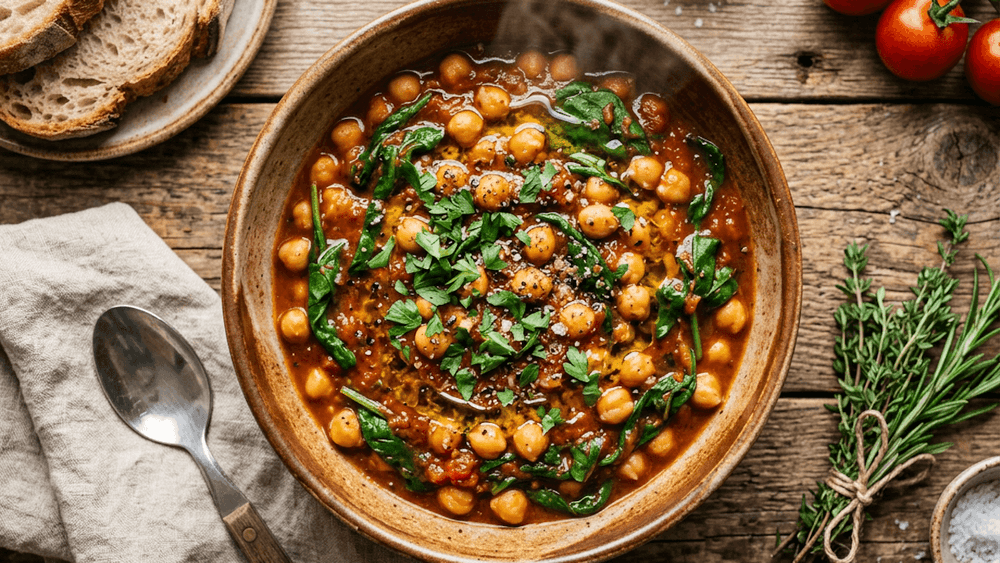 Pois chiches mijotés aux tomates et épinards