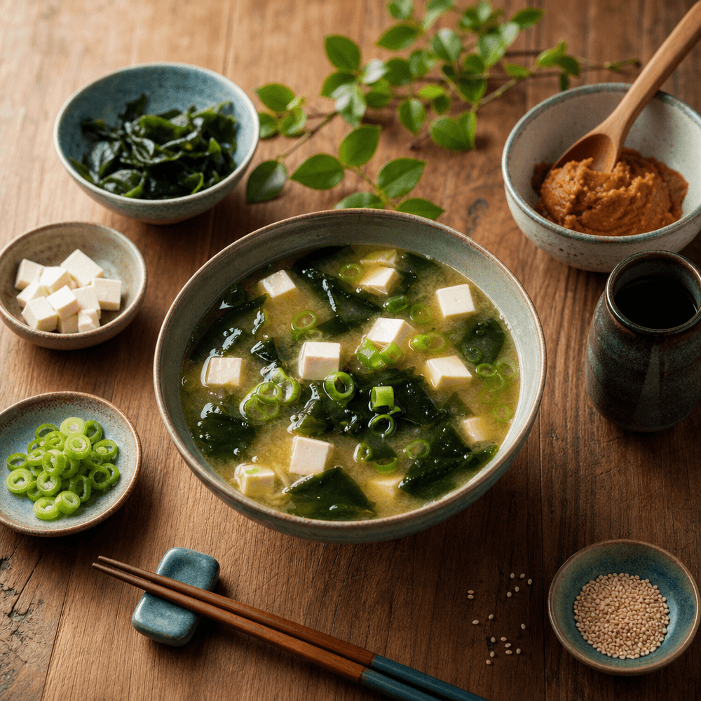 Zuppa di Miso con Wakame, Tofu e Cipollotto