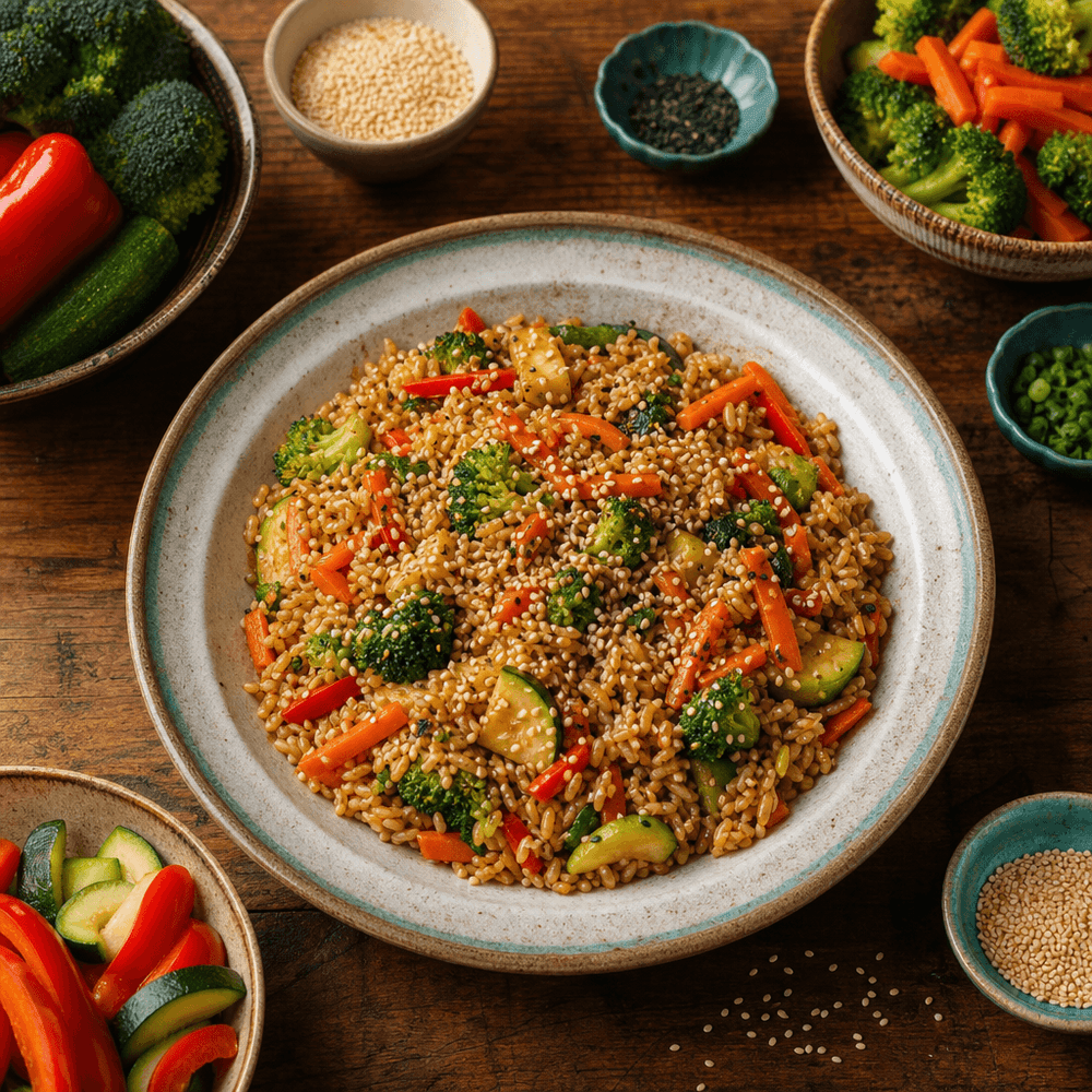 Arroz Integral com Vegetais Salteados e Gergelim