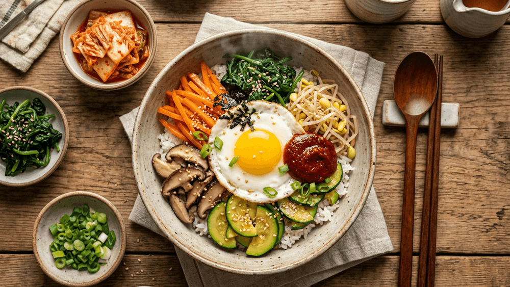 Bibimbap Clásico — Arroz con Verduras Salteadas, Huevo Frito y Gochujang
