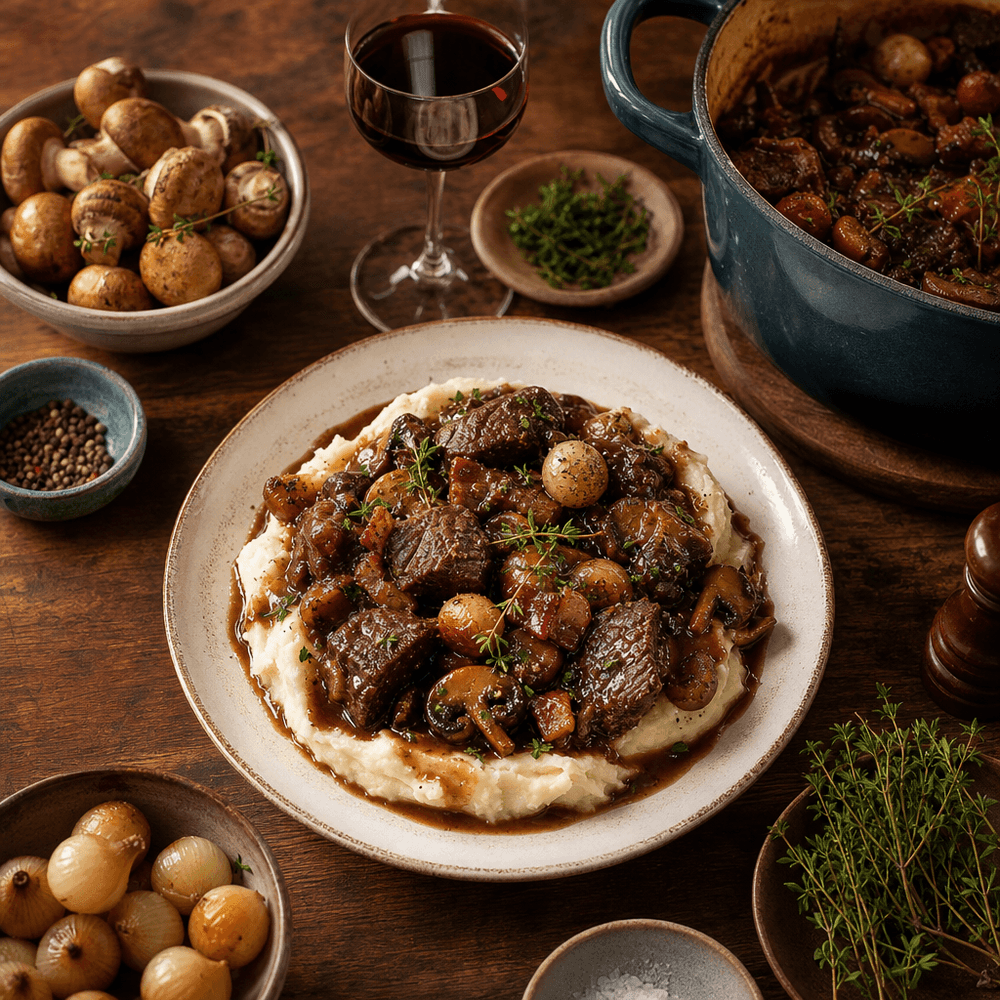 Boeuf Bourguignon with Mushrooms and Pearl Onions