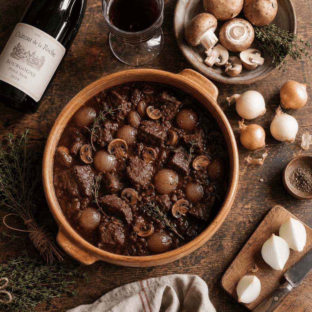 Boeuf Bourguignon with Red Wine, Mushrooms, and Pearl Onions
