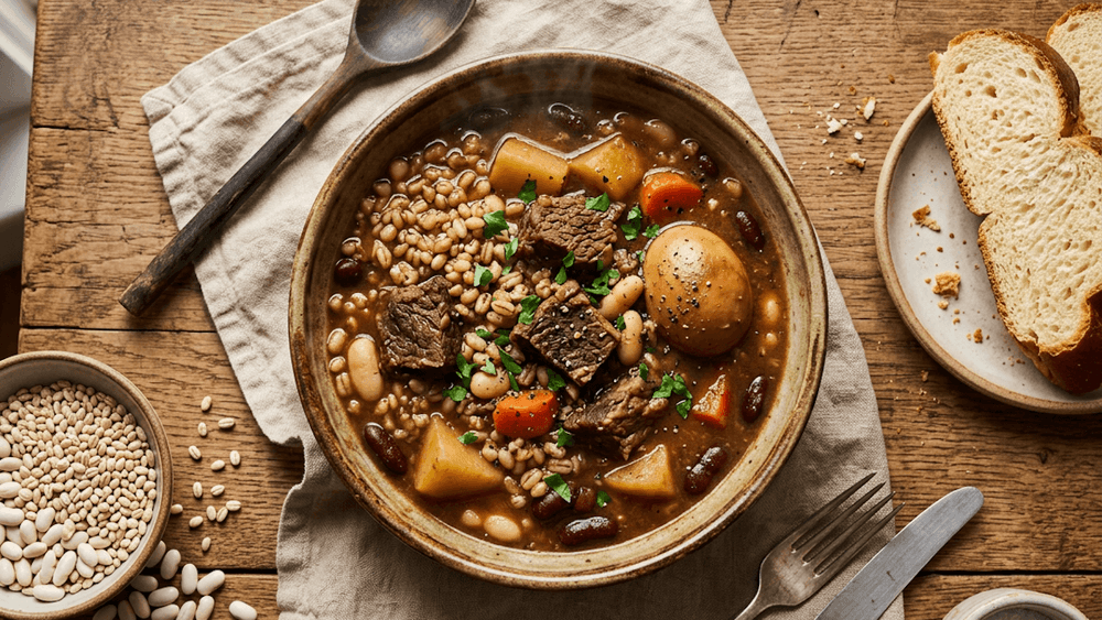 Cholent Tradicional — Estofado de Sabbat con Cebada y Frijoles