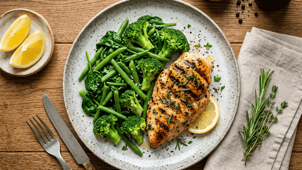 Poulet grillé aux herbes avec légumes verts vapeur