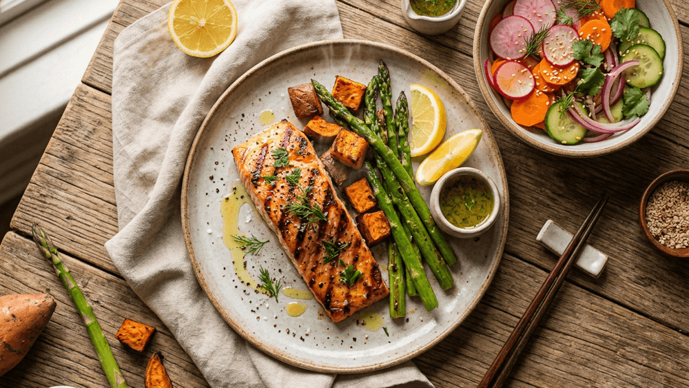 Salmon with Roasted Sweet Potato and Asparagus