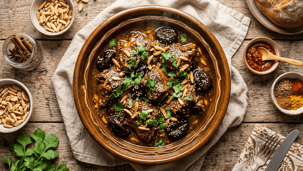 Tagine de Cordero con Ciruelas Pasas y Almendras — Estofado Marroquí Aromático