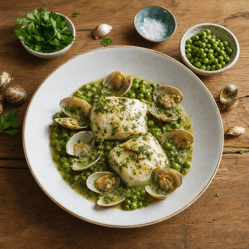 Merluza a la Vasca con Guisantes y Almejas