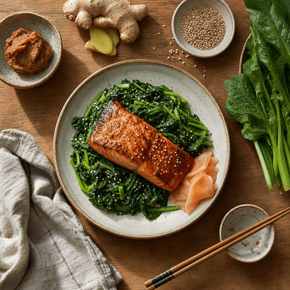 Miso-Glazed Salmon with Sesame Ginger Greens