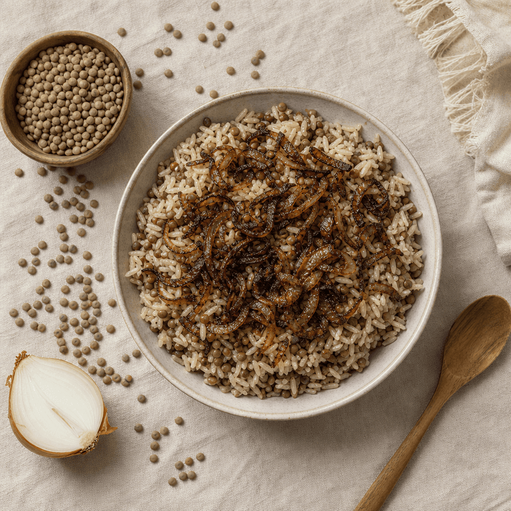 Mjadra libanaise : riz, lentilles et oignons caramélisés