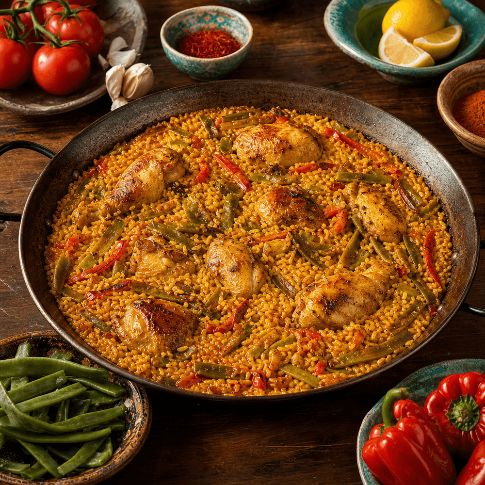 Pollo e riso allo zafferano in stile paella