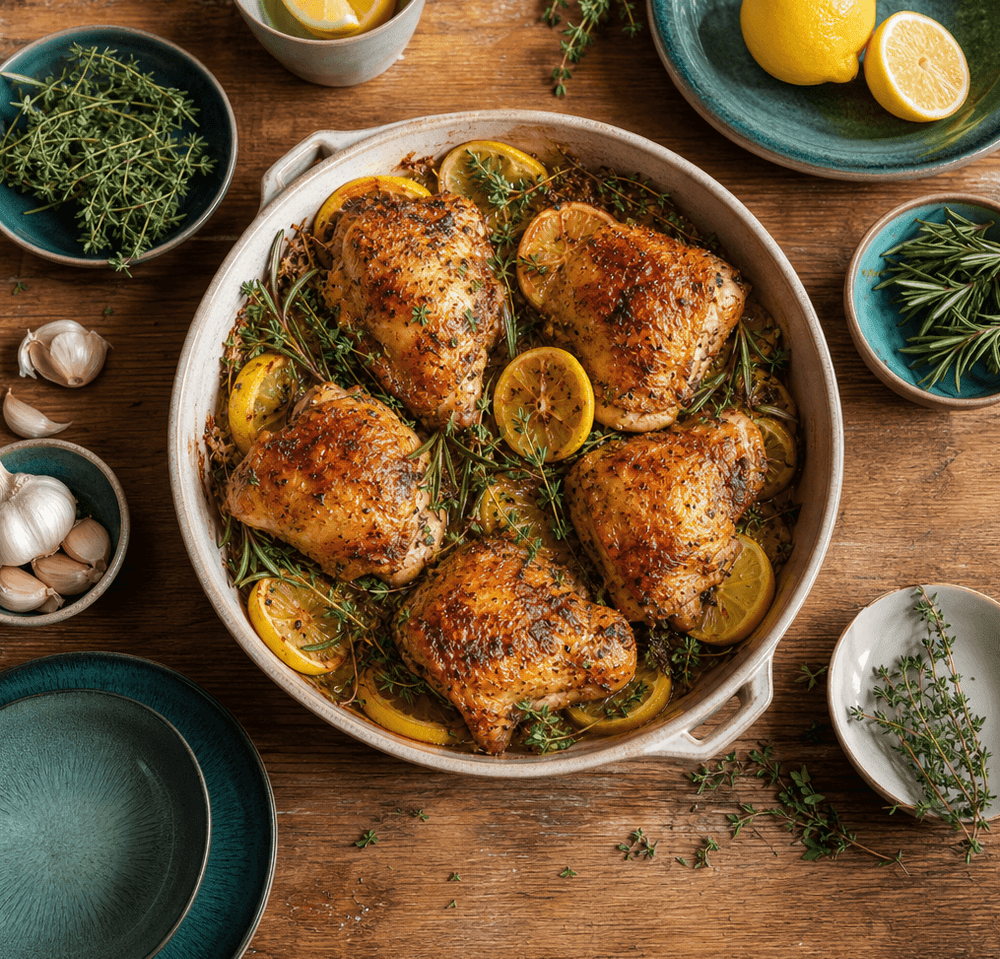 Poulet rôti au citron, thym et romarin