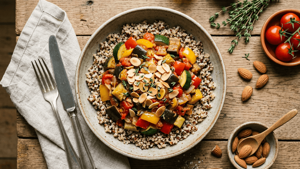 Ratatouille com Quinoa e Amêndoas Tostadas