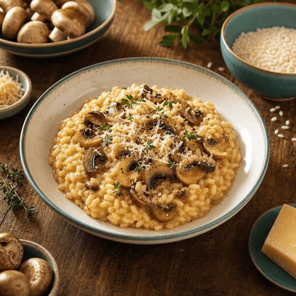 Risotto aux champignons, riz arborio crémeux au parmesan