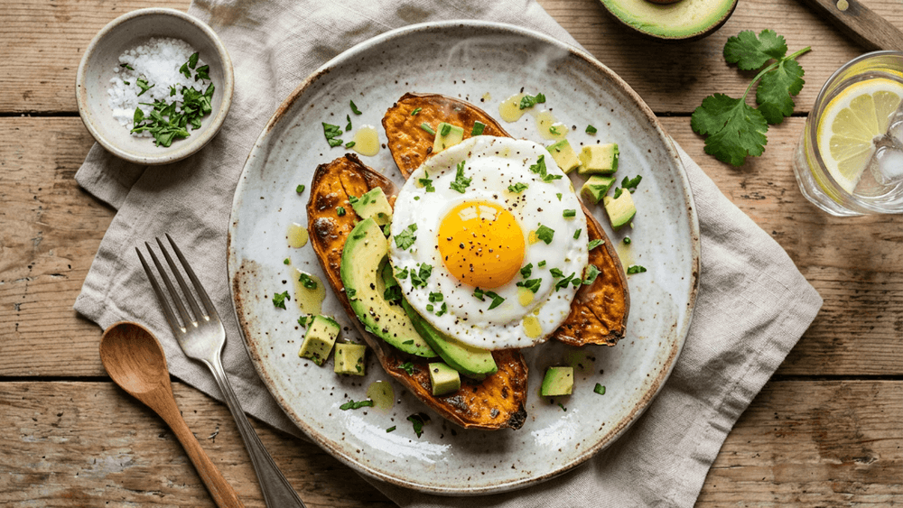 Gebratene Süßkartoffel mit Avocado und Spiegelei – Paleo-Frühstück