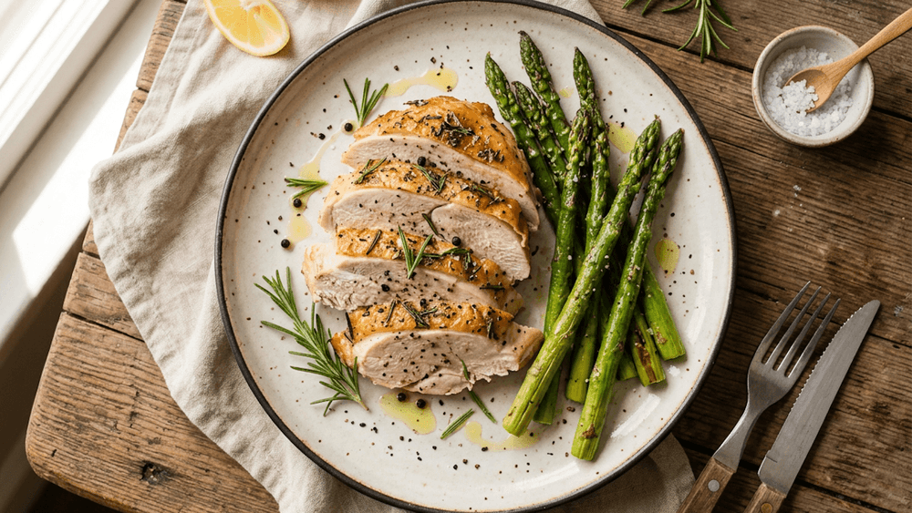 Pechuga de Pavo al Romero con Espárragos Asados