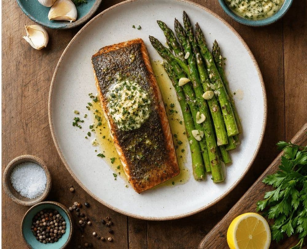 Salmão Grelhado com Manteiga de Ervas e Aspargos