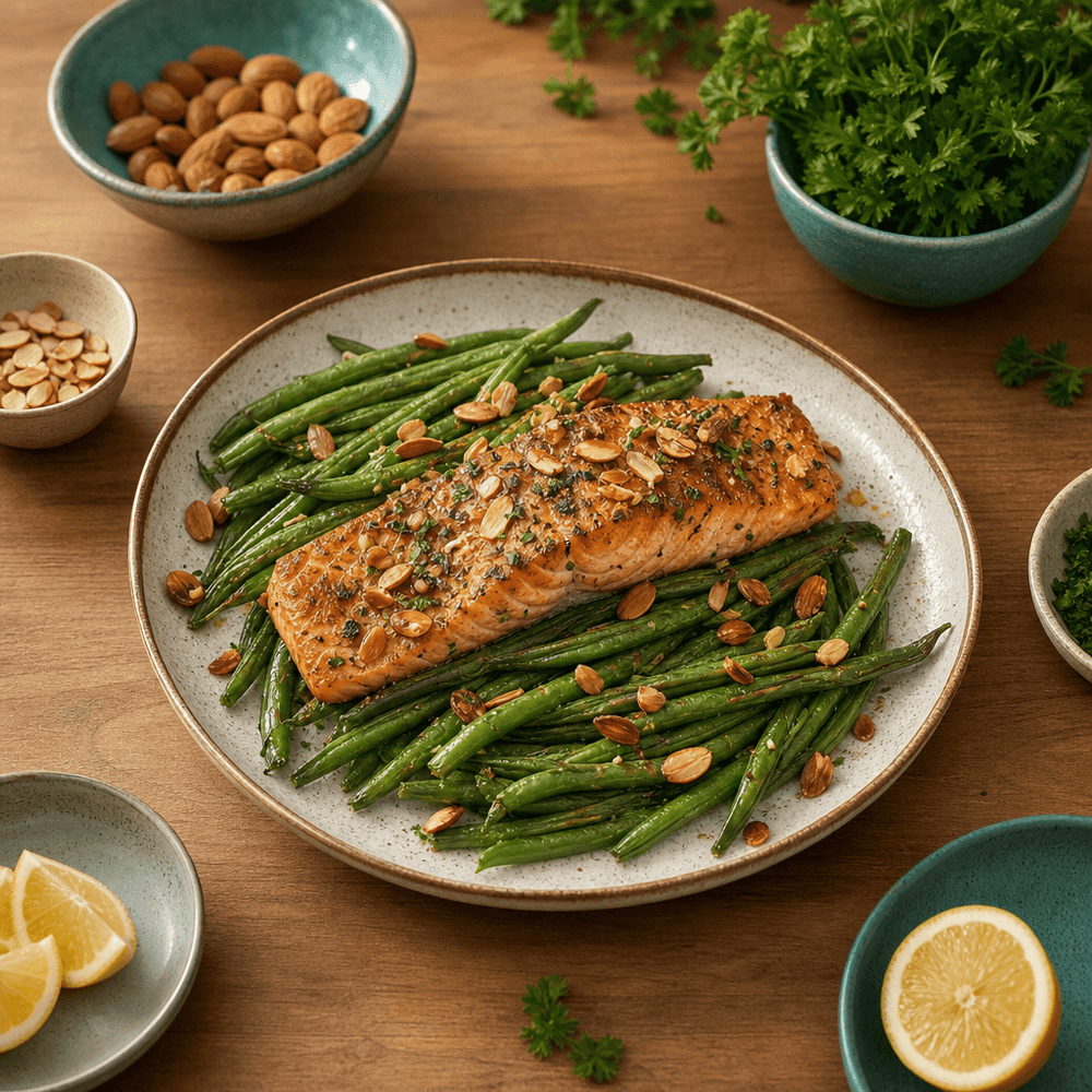 Salmone al Forno con Fagiolini e Mandorle Tostate