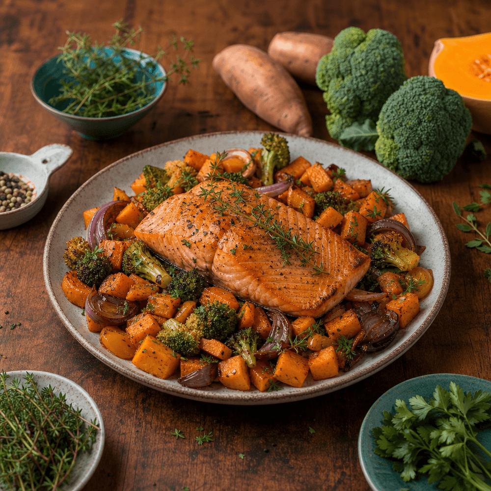 Saumon rôti aux patates douces et légumes de saison