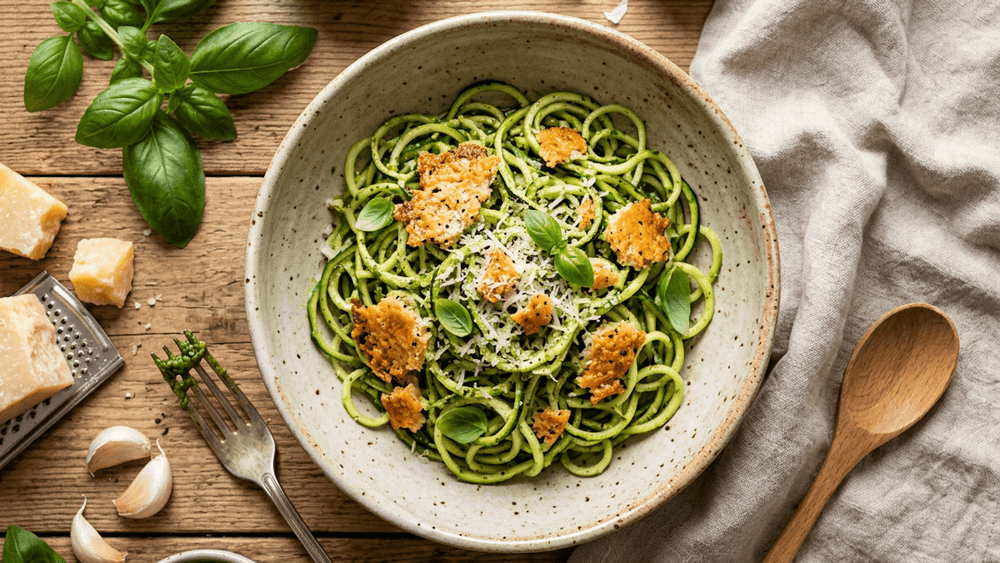 Zucchininudeln mit Pesto und Parmesankruste – Keto-Hauptgericht